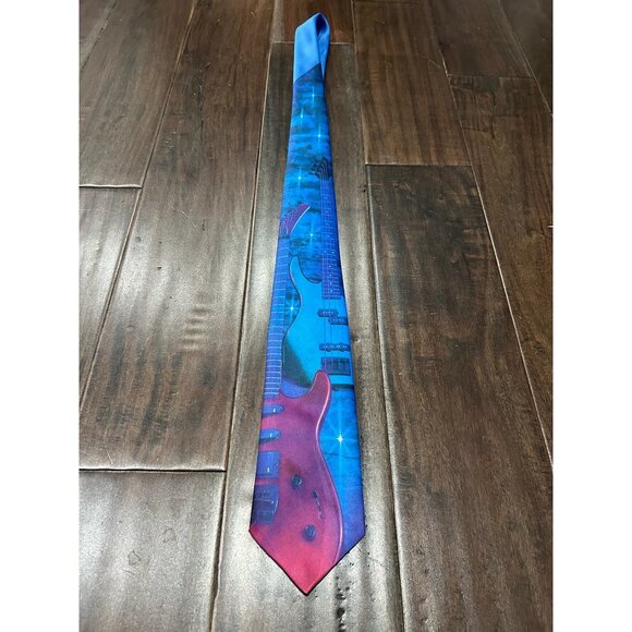 Vintage Ralph Marlin Guitar Print Tie Blue Pink Adjustable Fit Music Festival - Picture 3 of 8